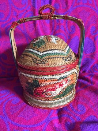 Rare Vintage Gorgeous Chinese Wedding Wood Woven Wicker Basket Painted Handle