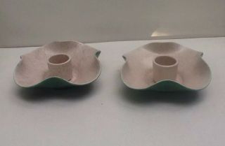 Pair MCM mid century modern candle holders Green beige ceramic; artist signed 2