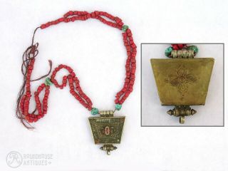 Old Antique Tibetan Chinese Gau Brass Prayer Necklace Vagra Turquoise Coral