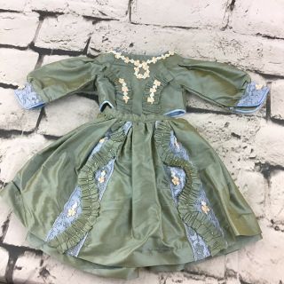 Vintage Doll Clothes Green 2pc Formal Gown Dress Flower Accents Metal Snaps