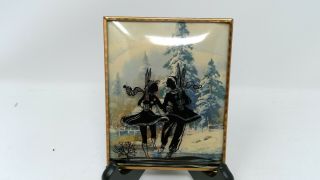 Vintage Convex Skier Couple Silhouette Framed Picture