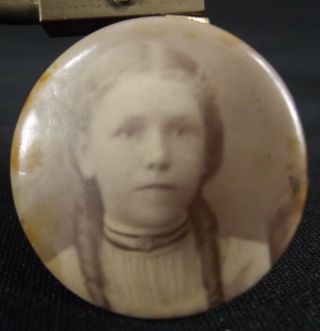 Antique Victorian Pin Back Button Badge Girl Celluloid Photo
