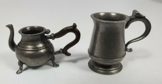 Vintage Pewter Tea Pot & Pitcher Dollhouse Miniature Marked Hm