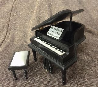 Vintage Dollhouse Miniature 12:1 Black Grand Piano With Carving And Detail