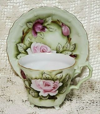Rare Lefton Heritage Rose Green & Pink Footed Cup & Saucer