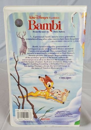 BAMBI Black Diamond Classic Walt Disney ' s RARE 1989 VHS Movie & Inserts 3