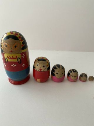 Set Of 6 Vintage Wooden Nesting Dolls Hand Painted 3 1/2” To 1/4” Red And Pink