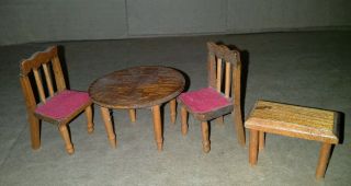 Dollhouse Miniature Wooden 2 Chairs Table 2 1/4 By 1 1/4 Plus A Stool