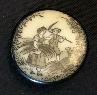 Antique Porcelain Button,  Liverpool Transfer,  " Autumn " Harvesting,  7/8 "