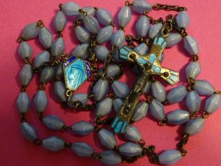 Gorgeous Antique Heaven Blue Glass Beads // Blue Enamel Center,  Crucifix