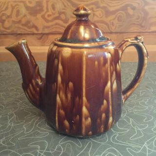 Antique Yellow Ware Pottery Teapot Mottled Spots 3