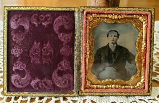 Antique Tintype Photograph Of Man Double Copper Foil Frame Glass Clasped Case