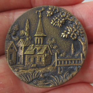 1 3/16 " Antique 2 - Piece Stamped Brass Button W Church And Building Scene