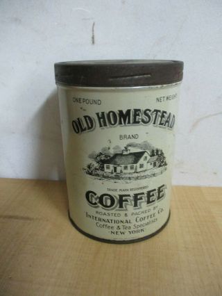 Rare Antique Advertising Old Homestead Coffee Can Tin Estate Find Great Graphics