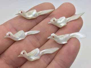 5 Rare Antique Victorian Carved Bird Mother Of Pearl Beads Necklace - Chinese ?