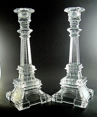 Two Rare Clear Glass Figural Eiffel Tower Candle Holders Candlesticks