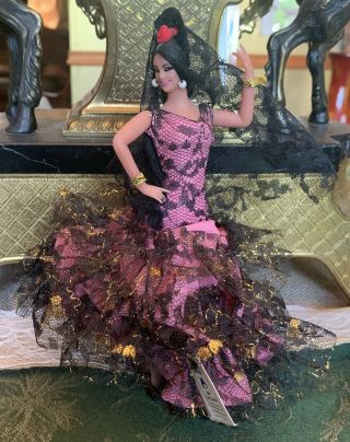 Vintage Marin Chiclana Spanish Flamenco Dancer Doll - Pink/black Gold 8” Tall