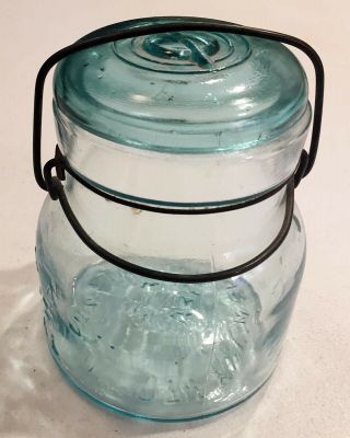 Atlas Pint Blue Green Glass E - Z Seal Wire Bail Glass Antique Canning Jar