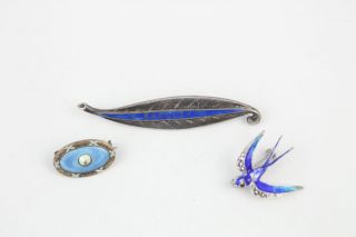 3 X Antique.  925 Sterling Silver Enamel Brooches Inc.  Swallow (14g)