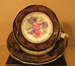Shafford Cabbage Rose & Violets In Black & Gold Teacup & Saucer / Made In Japan