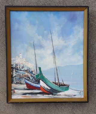 Vintage Oil Painting Of Greek Or French Beach With Fishing Boats