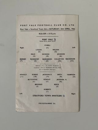 Port Vale V Stratford Town Amateurs - 23.  4.  66 Single Card - Extremely Rare