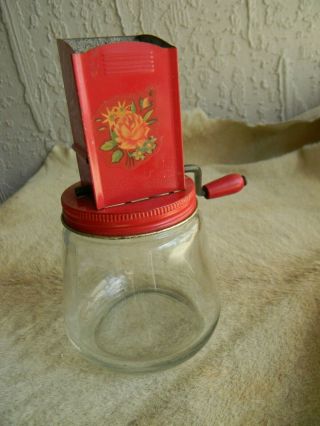 Red Nut Grinder Jar Aged Floral Design Top Primitive Vintage Country