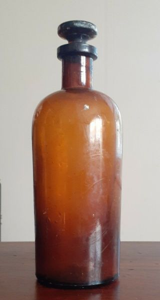 Antique Amber Apothecary Elixir Bottle With Glass Stopper 8 "
