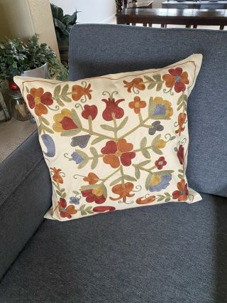 Rare Pottery Barn Fall Floral Embroidered Pillow Cover 20 X 20