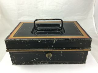 Vintage Antique Black Tin Lock Box,  Cash & Deed Box,  Strong Box