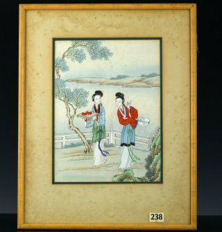 Fine Antique Chinese Famille Rose Female Attendant Landscape Painting