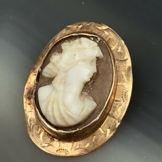 Antique Victorian Era Hand Carved Sea Shell 10k Rose Gold Cameo Brooch Pin Raf