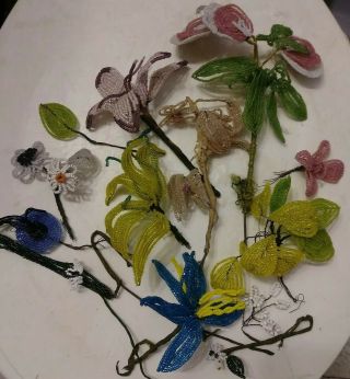 Unusual Vtg/ Antique Artificial Flowers Made Of Wired Microbeads
