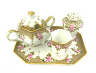 Nippon Antique Noritake SUGAR SHAKER CUP SET ON TRAY Hand Painted 2