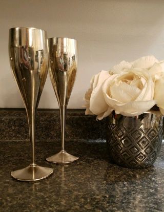 Silver Plated Champagne Flutes Wine Glasses Set Of 2 - 9 Inches Tall