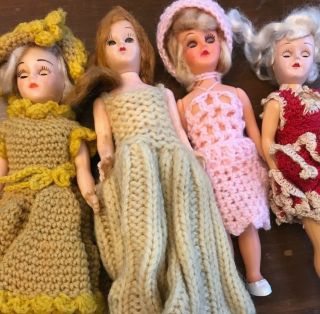 Vintage Crocheted Elastic Strung Dolls Set Of Four Hard Plastic Dolls