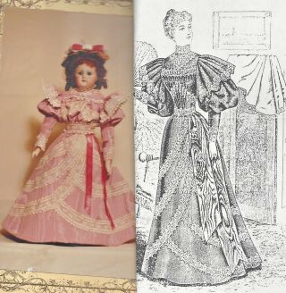 20 - 21 " Antique French Fashion Lady Doll@1895 Lace Trim Ball Gown/dress Pattern