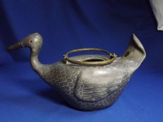 Antique Chinese Pewter Duck Teapot Marked China Bent Neck & Tail No Lid