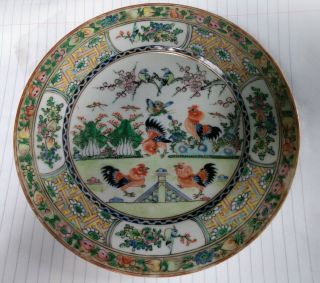 Antique Chinese Porcelain Plate Hand Painted With Birds,  Roosters,  Bok Choy