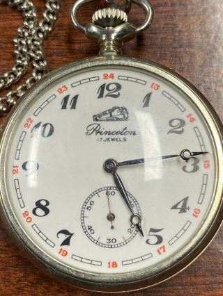 Antique Pocket Watch Princeton Railroad Train Locomotive 17 Jewel Rare