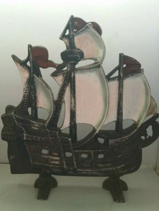Vintage Black Silver Metal Half Sculpture Table Art Pirate Ship Boat Sail 11 "