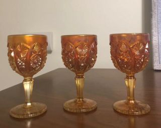 Antique/imperial Diamond Ring Marigold Carnival Glass Cordial Glasses Set Of 3