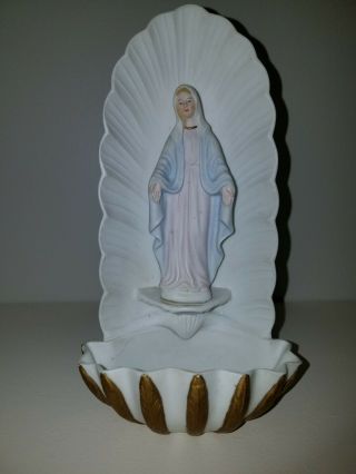 Vintage Lefton China Mother Mary Holy Water Font With Gold Trim Rare
