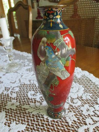 Antique Oriental 8 1/2 - Inch Brass Red Enamel Vase With Birds