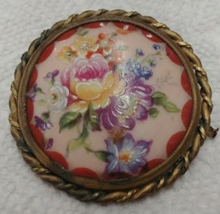 Antique Vintage Ribes Limoges France Hand Painted Floral Pin Brooch 2 " Round