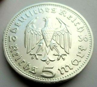 (232) Antique Wwii German 3rd Reich 1936 D 5 Reichsmark Silver Coin