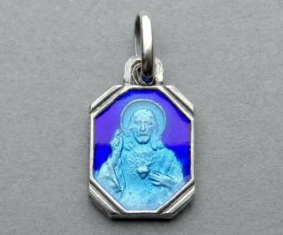 Jesus Sacred Heart,  Virgin Mary.  Antique Religious Pendant.  Silver Enamel Medal.
