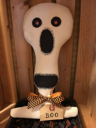 Primitive Halloween Skeleton Shelf Sitter Doll Boo Tag Orange Black Bow