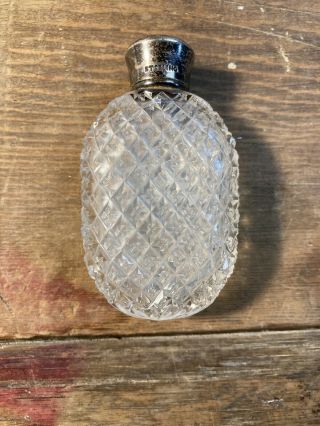 Antique 925 Sterling Silver Cut Glass Crystal Perfume Scent Bottle Flask