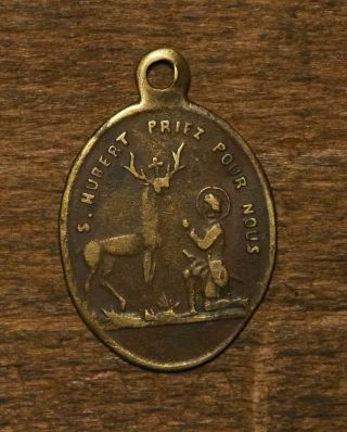 Antique Religious Bronze Medal Pendant Saint Hubertus With Dog And Holy Deer